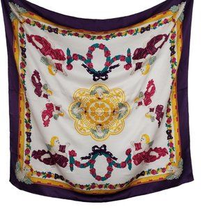 Silk Scarf Shawl Cherub Print Purple Gold Multicolor 36" Square